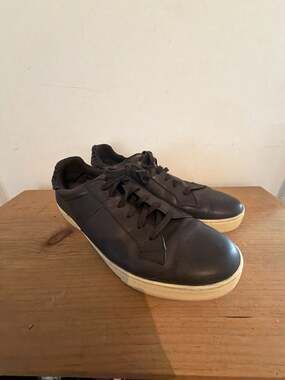 Ermenegildo Zegna Men's Dark Brown Leather Low-Top Sneakers with Woven Heel Deta